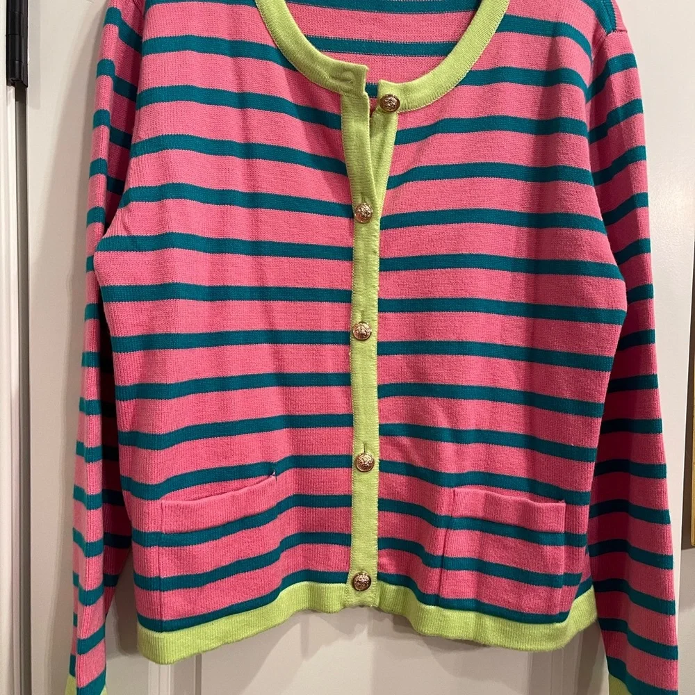 Striped Pink & Teal Crewneck Cardigan with Lime Trim - Picture 2 of 6